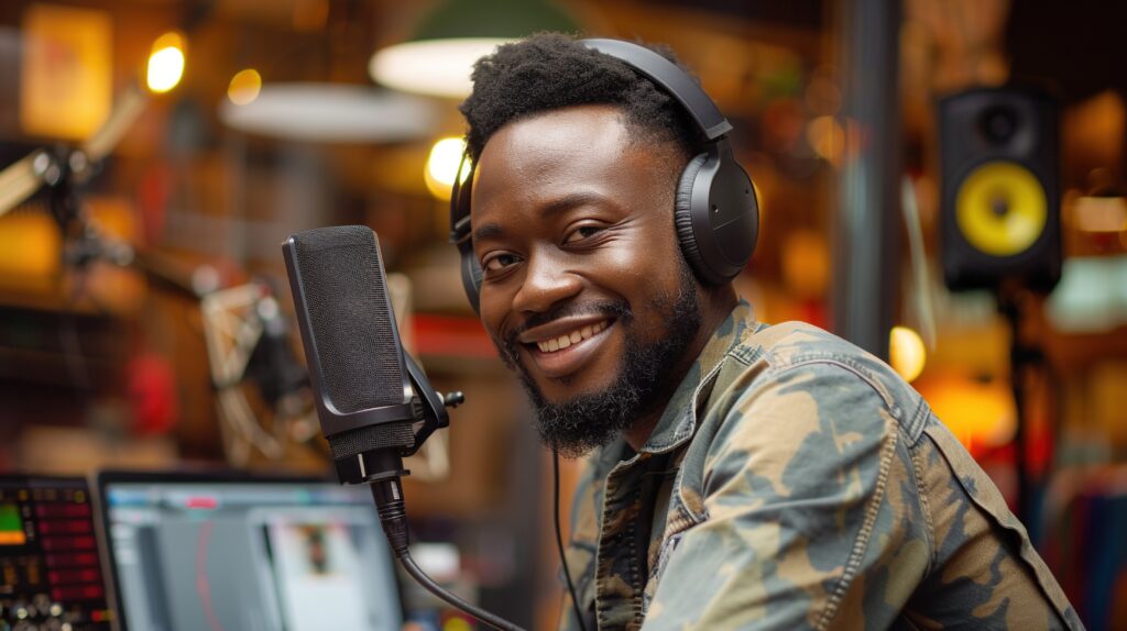 A warm welcome from this DJ in the radio studio. He is broadcasting into a microphone & smiling at us.